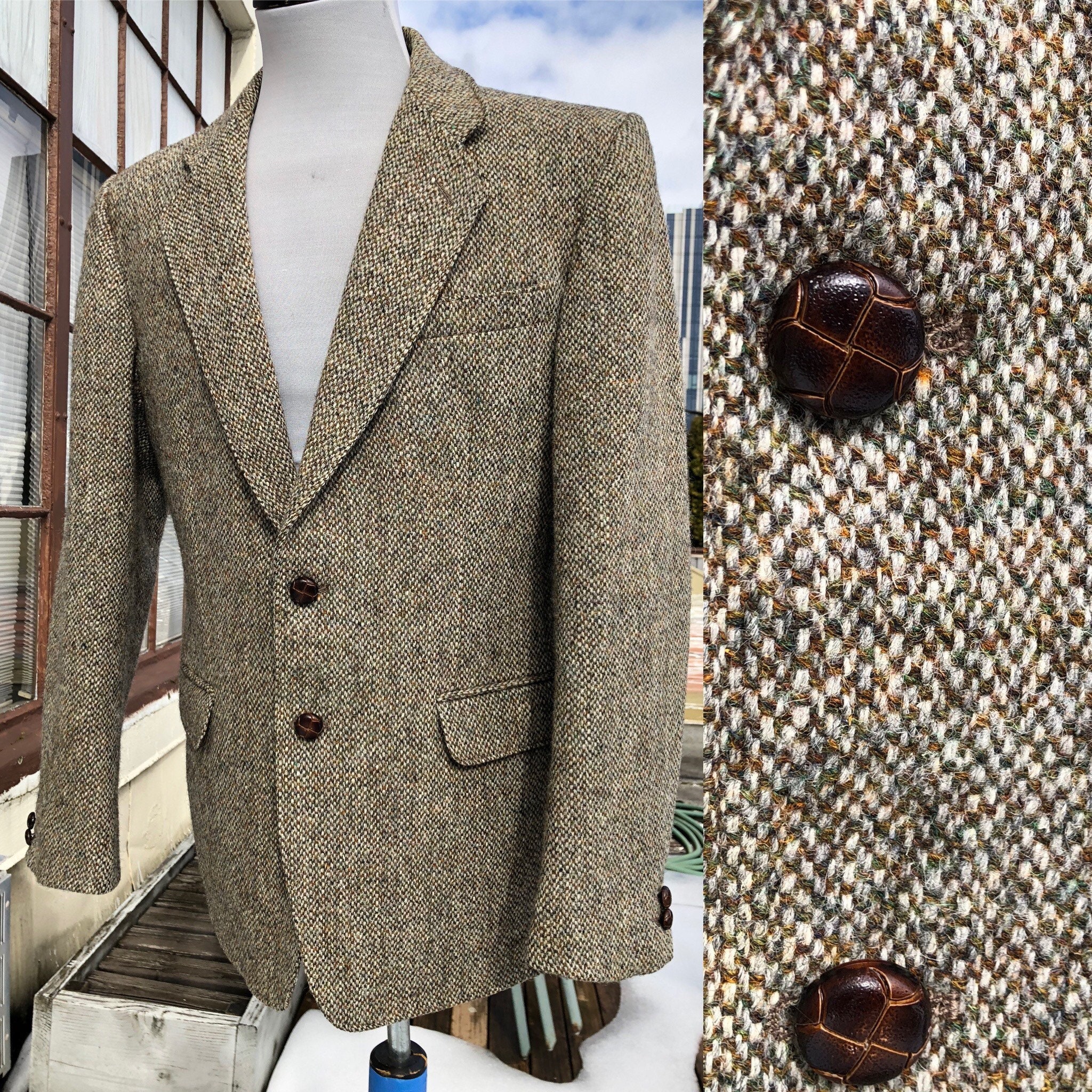 Mens Harris Tweed Wool Tweed Olive Green Brown Ivory Speckle