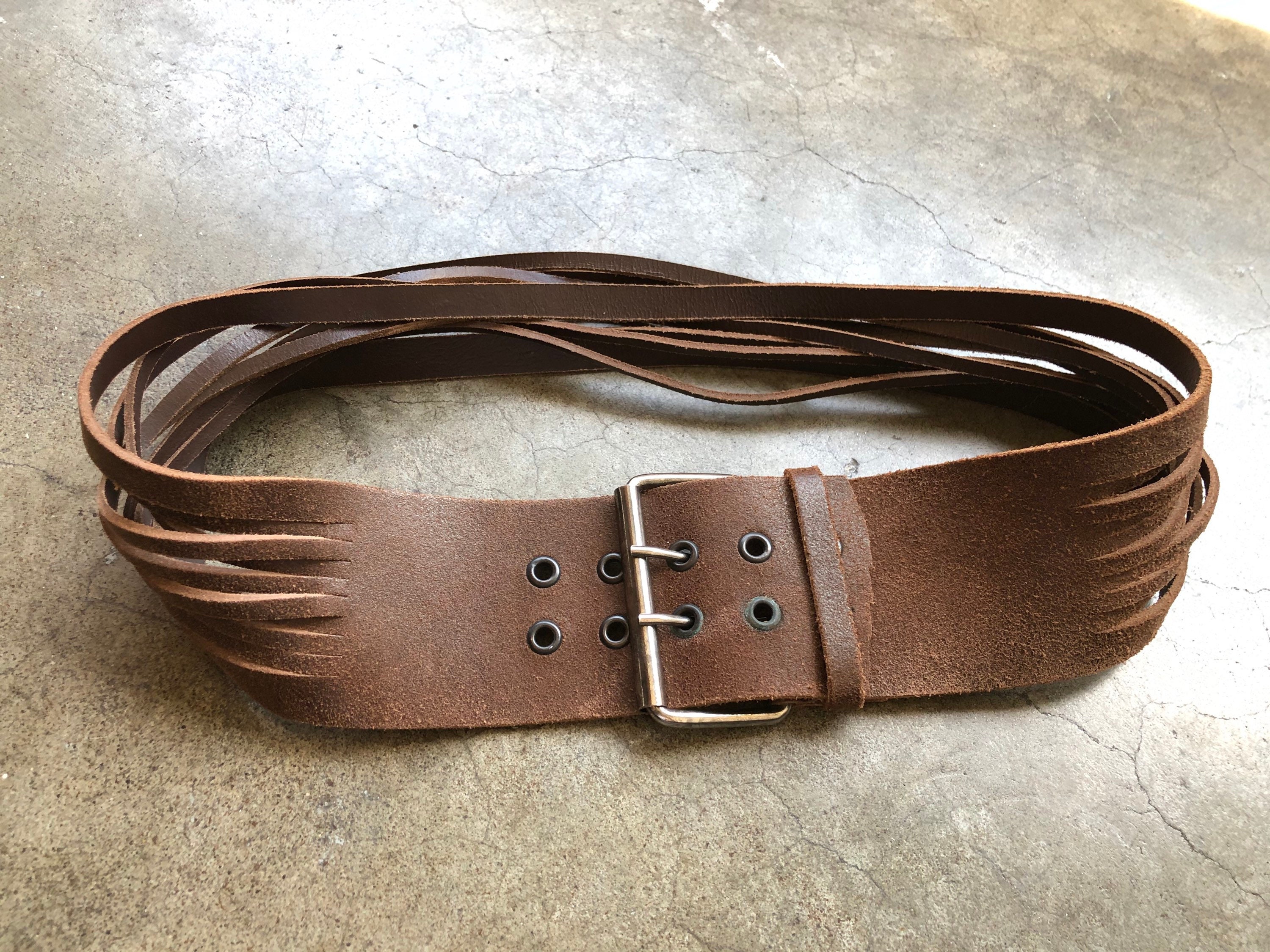 90s Italian Brown Leather Wide Sash Fashion Tassel Fringe Belt