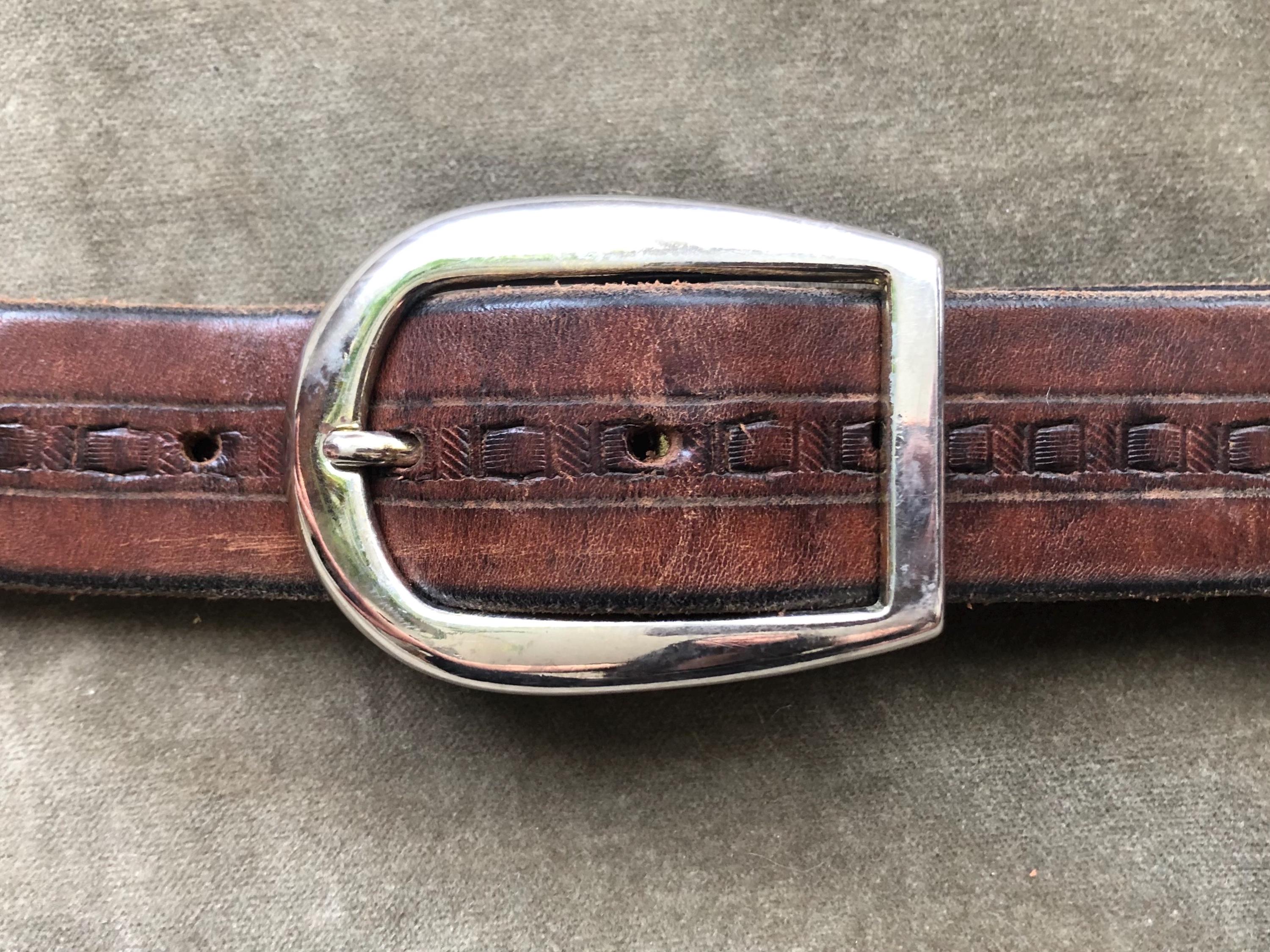 70s Thick Brown Tooled Leather Belt Heavy Duty Western Waist  display picture 1