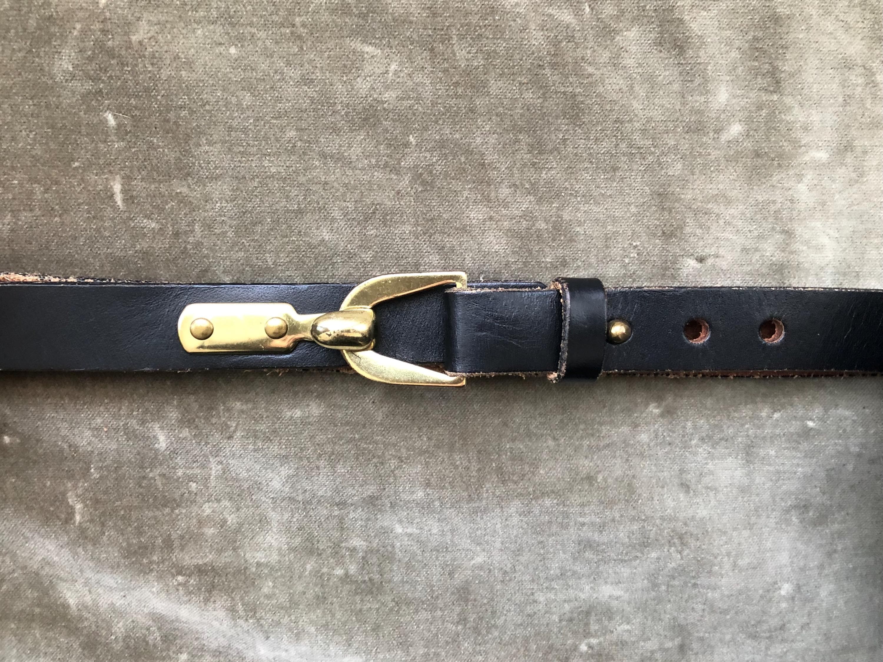 1950s 60s Skinny Retro Thick Black Leather Belt Brass Hook 