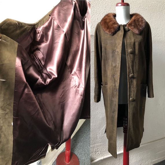 Long Soft Suede Leather Olive Green Dark Brown 1950s 60s