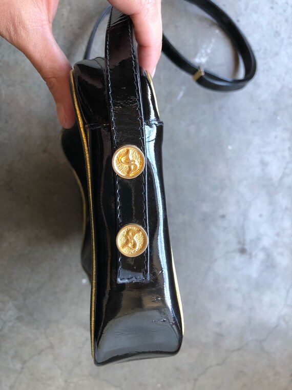 1960s 70s Italian Black Patent gold piping bag Sh… - image 7