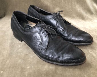 1960s Vintage Stetson Black Leather Lace Up Shoes Low Loafers Derby Mens Size 9 9.5 10 M 1950s 50s 60s Mod Retro MCM Mid Century