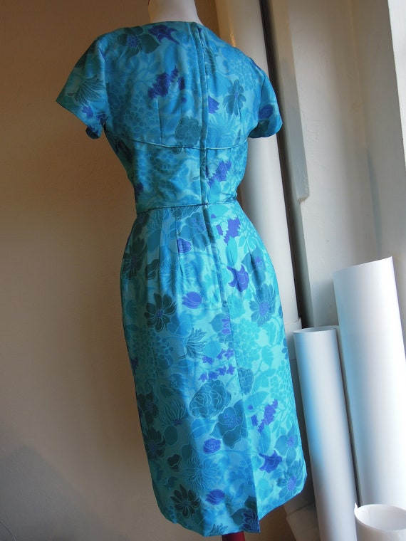 Vintage 50s 60s Silk turquoise vivid blue floral … - image 9