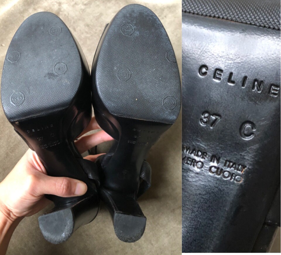 CELINE Paris Black Leather Peeptoe Platform Sandals Pumps Vintage