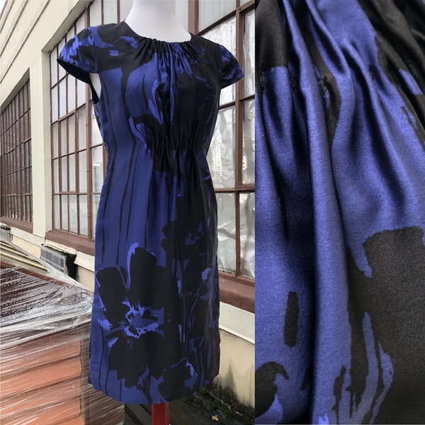 Silk Satin Dark Navy Blue Black Splashy Retro Floral Print Short Cap Sleeve Easy Day Night Dress sz S XS Small 2 Shift Wiggle Silk Gown