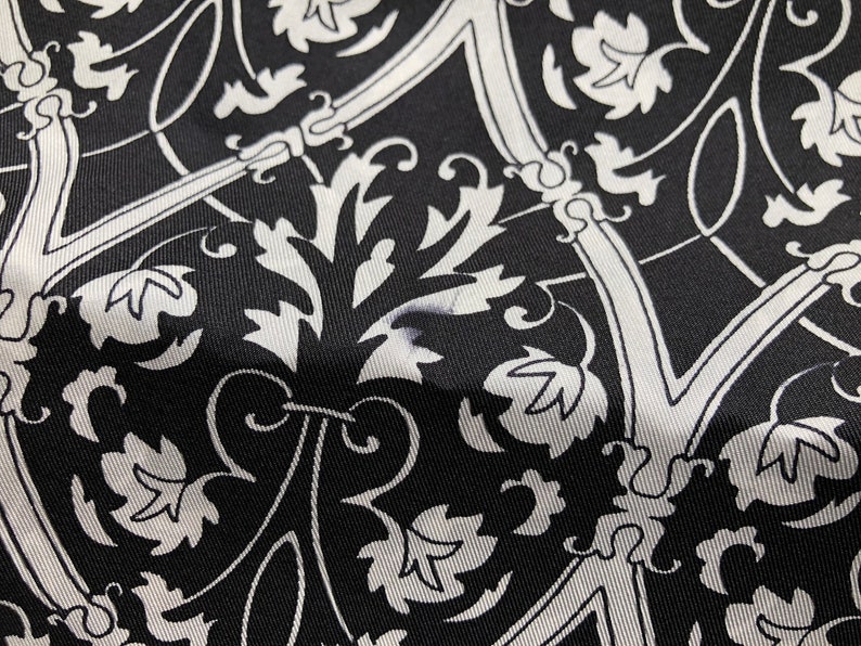 Silk Long Fringed Neck Scarf Silk Twill Contrast Vine Floral Victorian Print Black and White 1990s 90s Vintage Evening Shawl Art Nouveau image 3