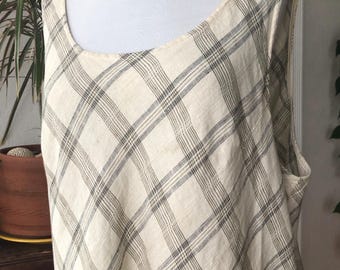 Vestido tipo jersey sin mangas de lino puro tejido en tonos avena natural y marfil a cuadros, talla XL, Kleen, estilo vintage boho Lagenlook de los años 90, Y2K.