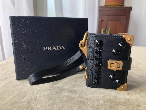 Auth PRADA Trick Cahier Black Satin Key Charm Notebook Journal