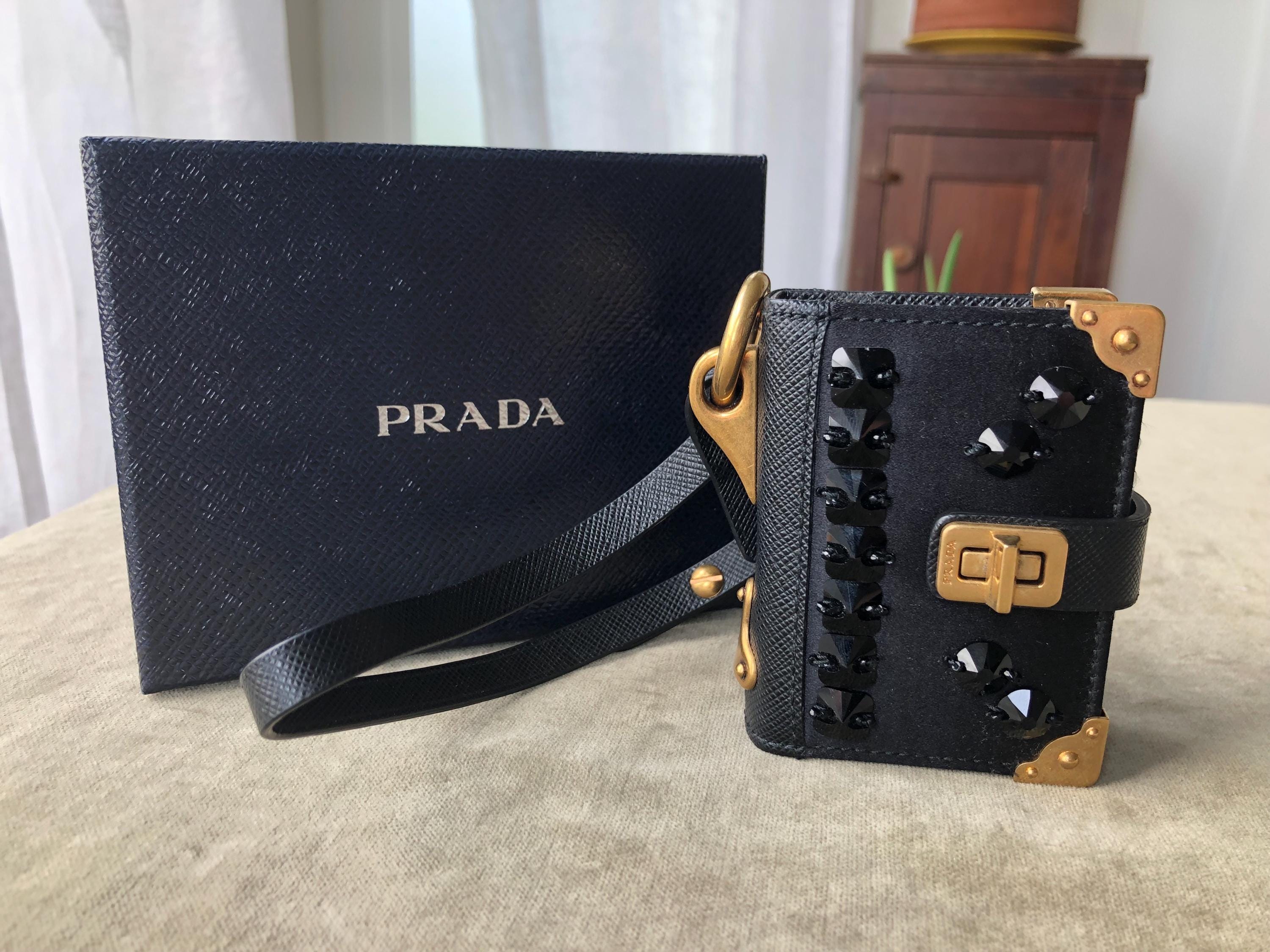 Auth PRADA Trick Cahier Black Satin Key Charm Notebook Journal