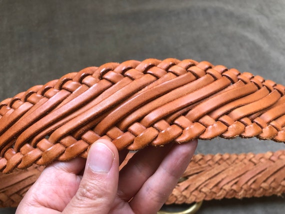 Vintage Wide Woven Tan Brown Leather Belt Braided… - image 6