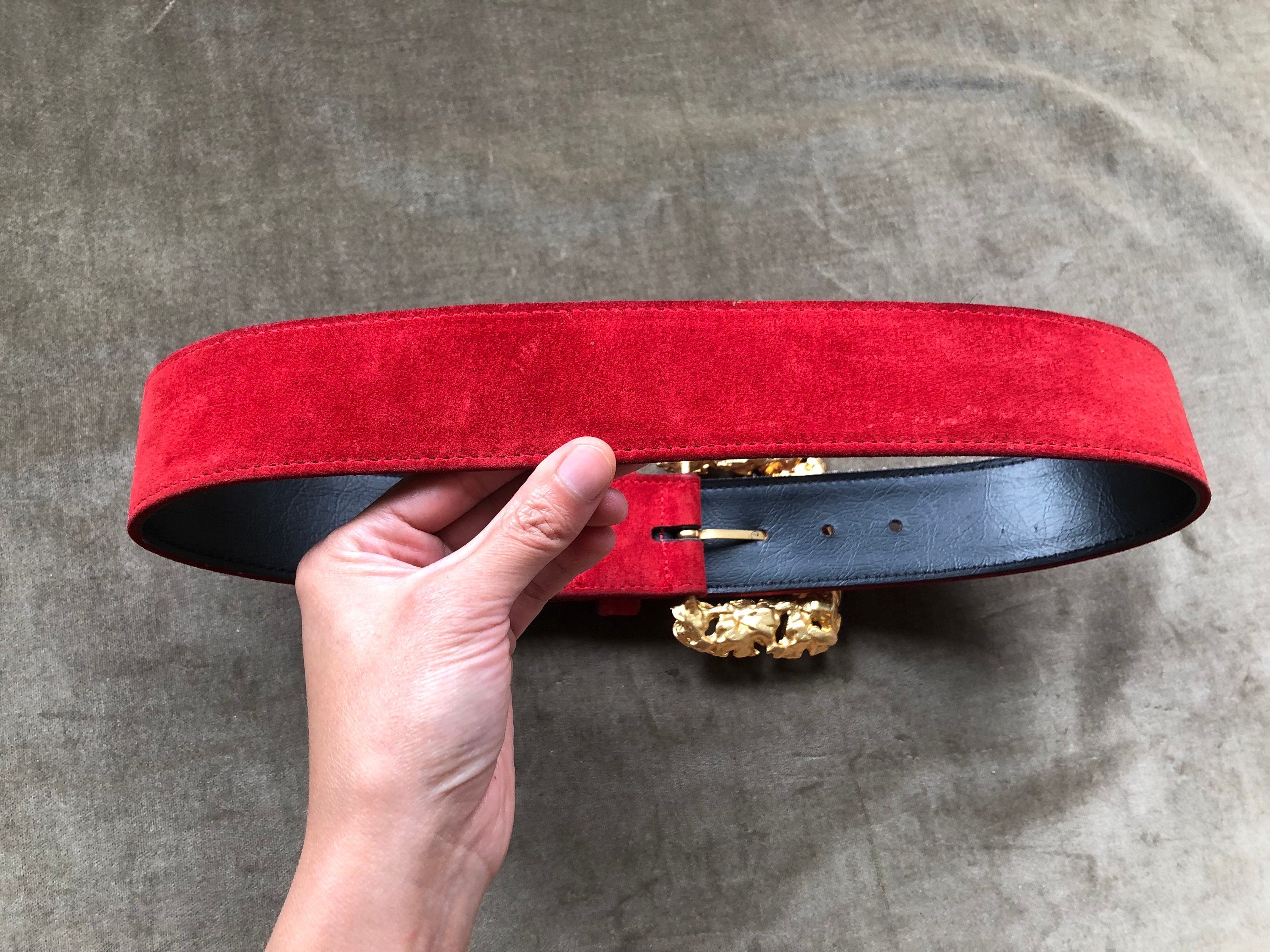 80s 90s Wide Earthy Red Suede Leather Retro Belt Gold Chunky 