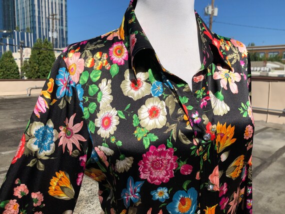 Silk Satin Black Floral Print Colorful Rainbow Blo
