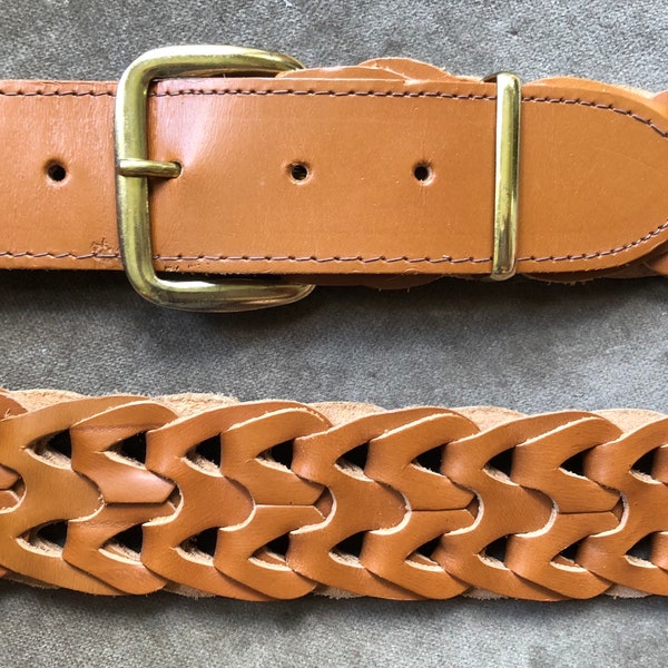 70s Tan Peanut Butter Brown Leather Woven Wide Belt Chain Link Retro vintage XS S Western 1970s Braided 27 28 29 30 waist Boho Fashion