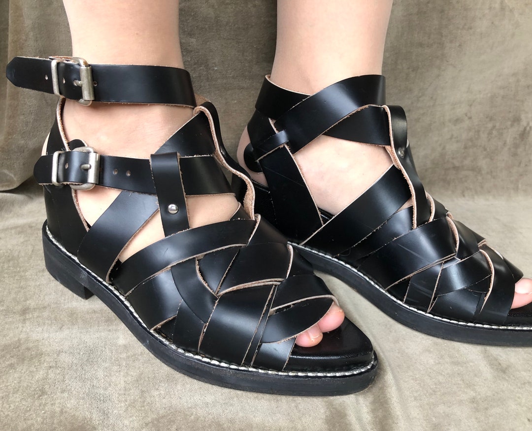ACNE STUDIOS Chunky Platform Wedge Strappy Woven Black Leather