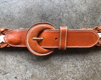 70s 80s Wide Brown Tan Leather Cotton Rope Woven Belt  display picture 1