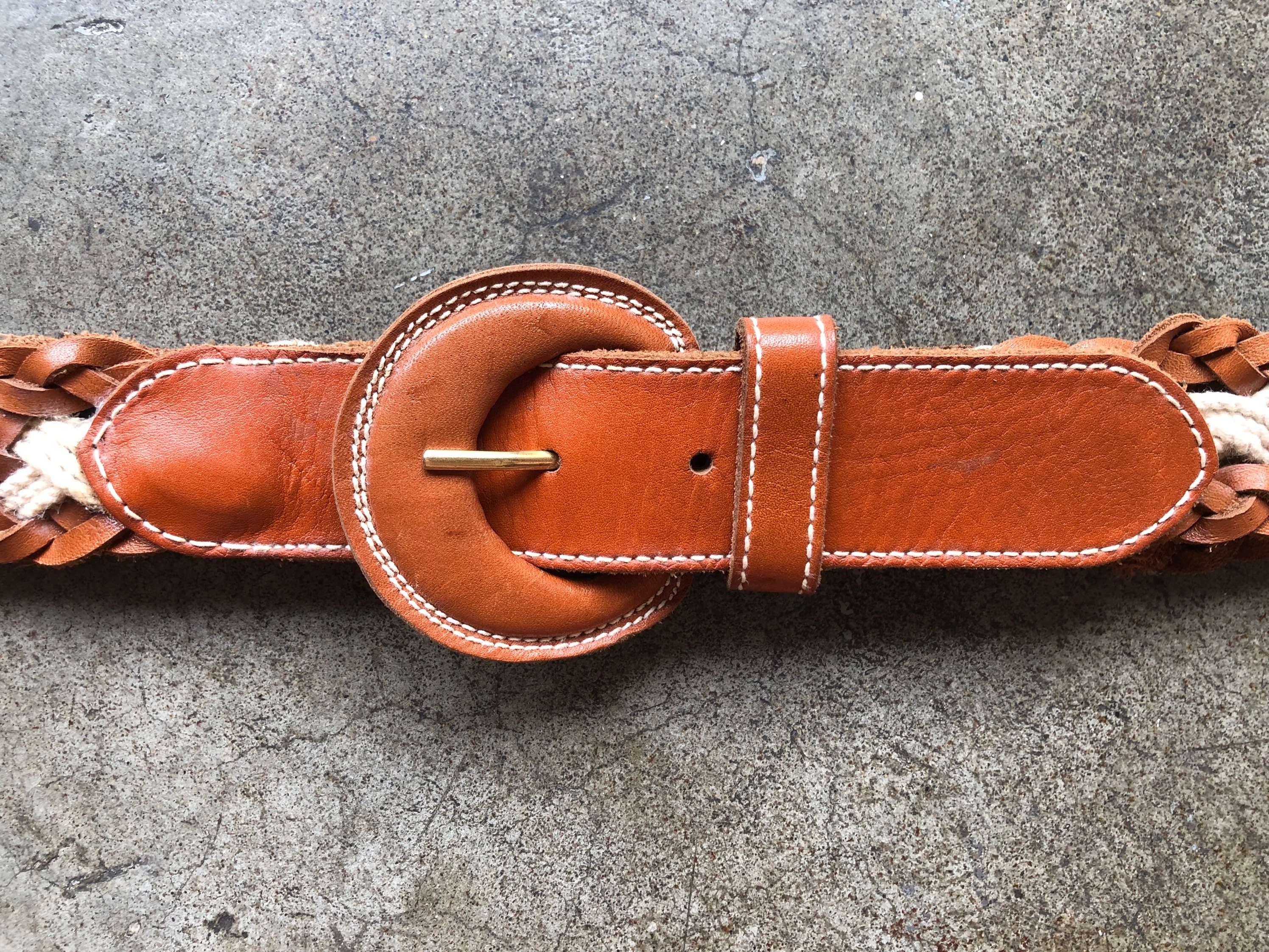70s 80s Wide Brown Tan Leather Cotton Rope Woven Belt 