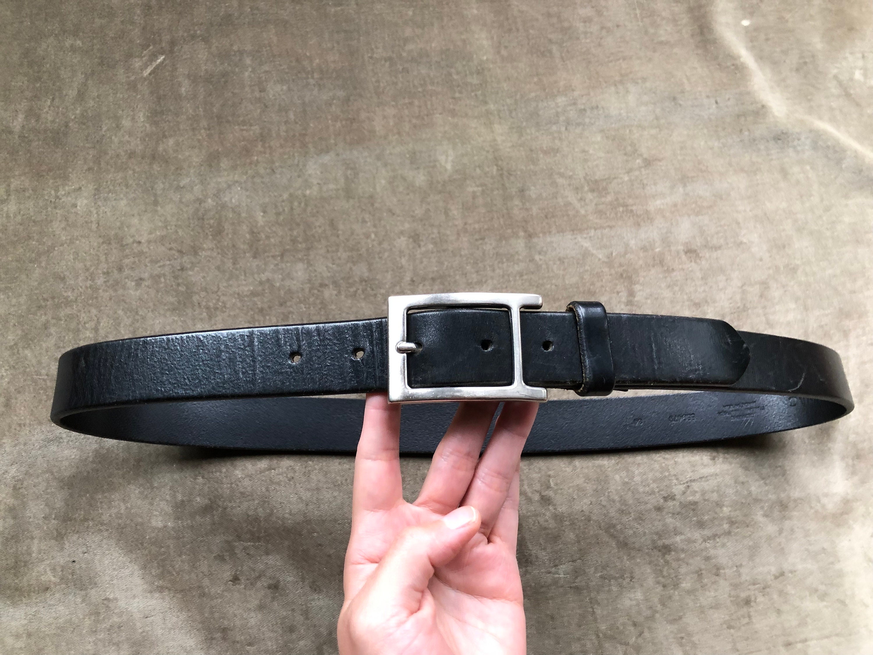90s Thick Black Italian Slim Leather Belt Retro Chunky Steel