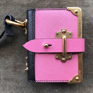 Auth PRADA Trick Cahier Pink Saffiano Leather Key Charm Notebook