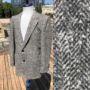 Mens Thick Tweed Wool Gray Grey Herringbone Striped Woven Jacket Blazer Sport Coat Vintage sz 38 R Heather 38R 1970s 80s 1980s 70s Thick
