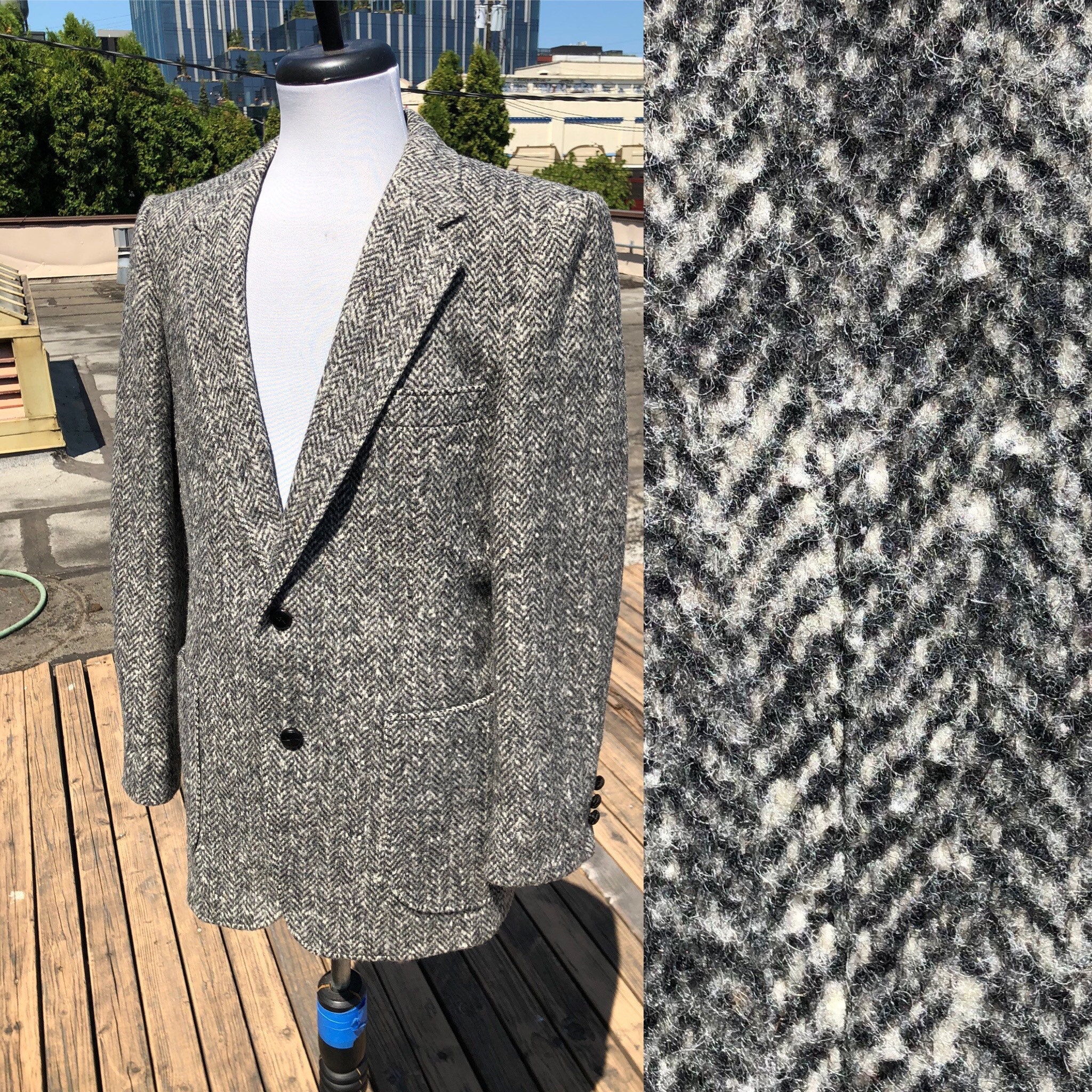 Mens Thick Tweed Wool Gray Grey Herringbone Striped Woven Mens Thick Tweed Wool Gray Grey Herringbone Striped Woven