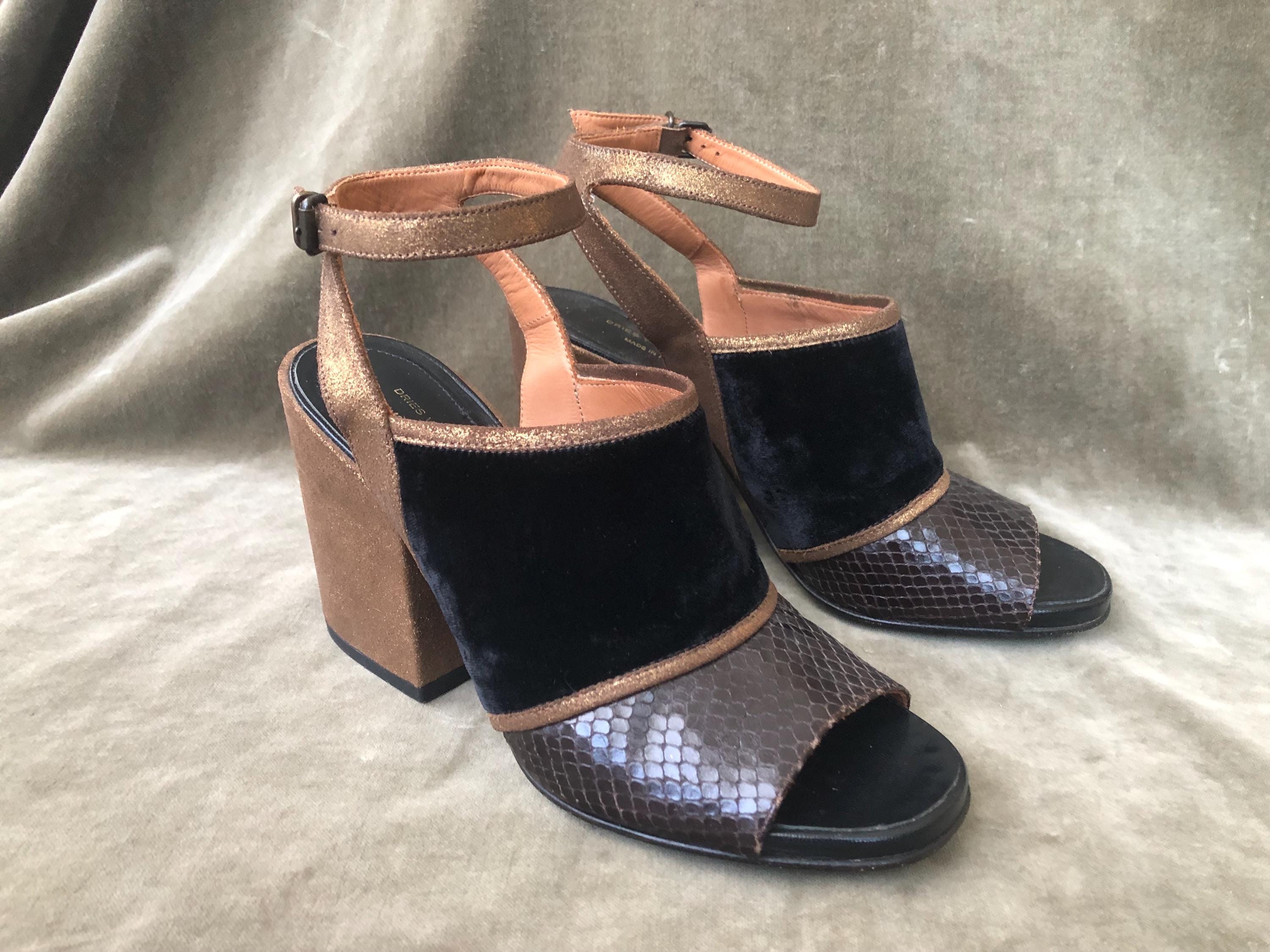 Dries Van Noten Burgundy Snake Leather Black Velvet Metallic