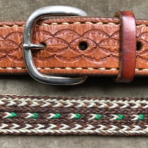 70s Horse Hair Woven Ivory Brown Green Horsehair Tooled Leather Belt Western Braided size 34 35 36 M L XL Vintage 1970s Handmade Boho Tweed