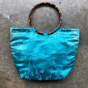 Distressed 90s Teal Turquoise Blue Faded Silk Satin Chinese Floral Print Bamboo O Ring Handle Boho Purse Bag Handbag Vintage Retro 1990s image 6