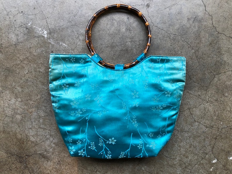 Distressed 90s Teal Turquoise Blue Faded Silk Satin Chinese Floral Print Bamboo O Ring Handle Boho Purse Bag Handbag Vintage Retro 1990s image 6