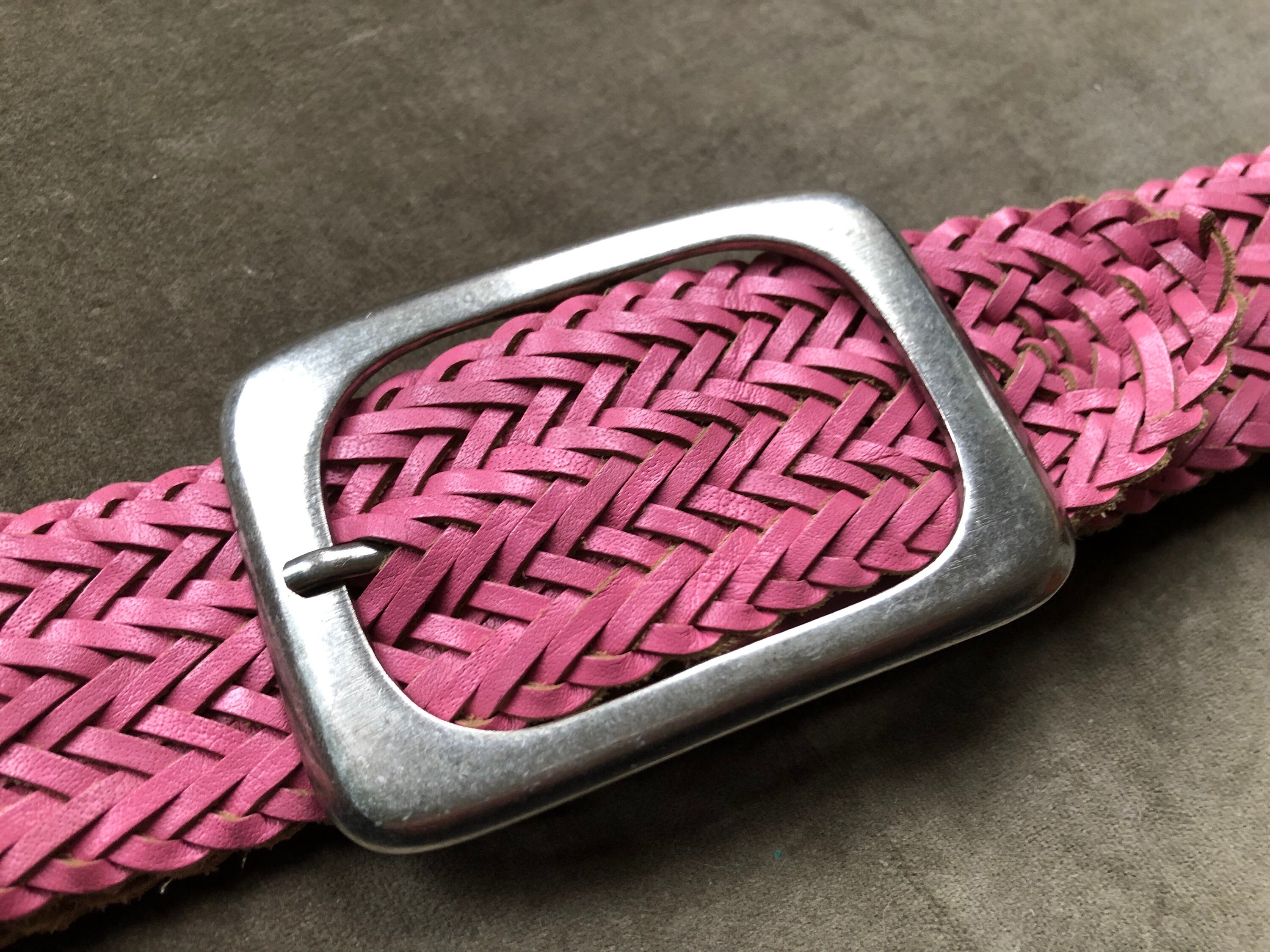 Y2k 90s Wide Pink Leather Woven Braided Retro Belt Steel Chunky 
