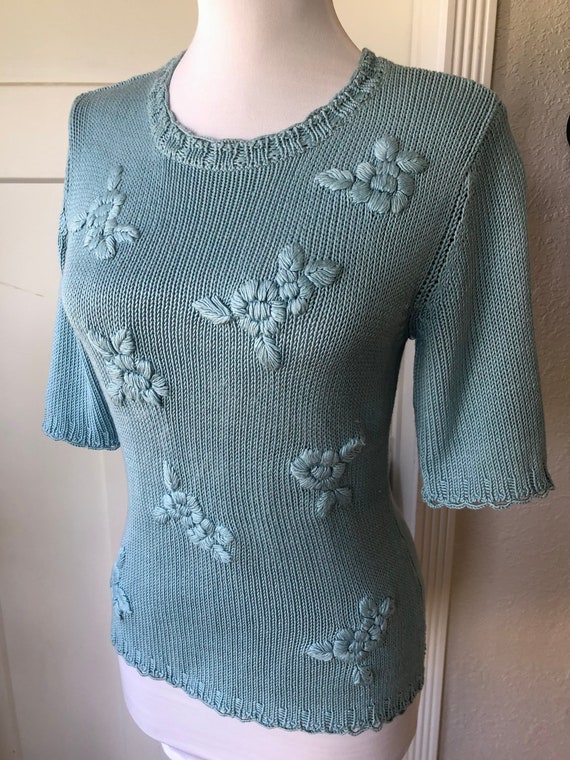 Silk Cotton Knit Short Sleeve Blouse Top Floral E… - image 3