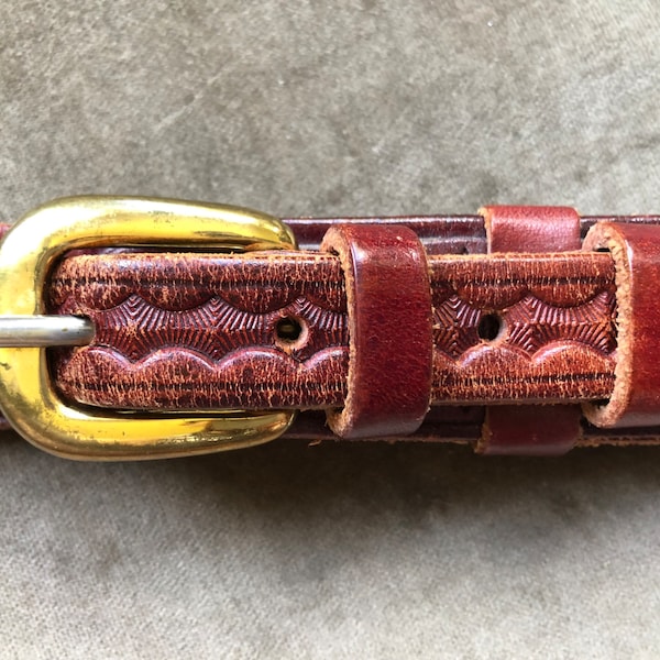 Basket Woven Tooled Embossed Thick Brown Leather Ranger Belt Slim Solid Brass Buckle 36 37 38 Waist M L XL 90s Vintage Western Southwestern