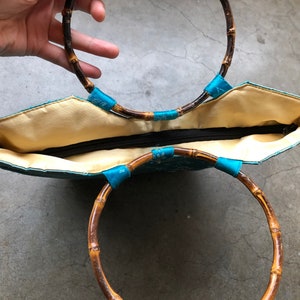 Distressed 90s Teal Turquoise Blue Faded Silk Satin Chinese Floral Print Bamboo O Ring Handle Boho Purse Bag Handbag Vintage Retro 1990s image 7