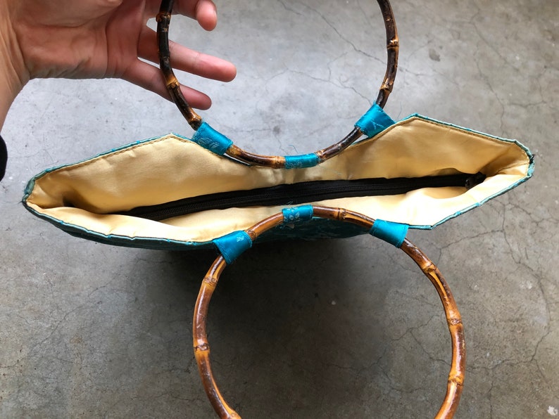 Distressed 90s Teal Turquoise Blue Faded Silk Satin Chinese Floral Print Bamboo O Ring Handle Boho Purse Bag Handbag Vintage Retro 1990s image 7