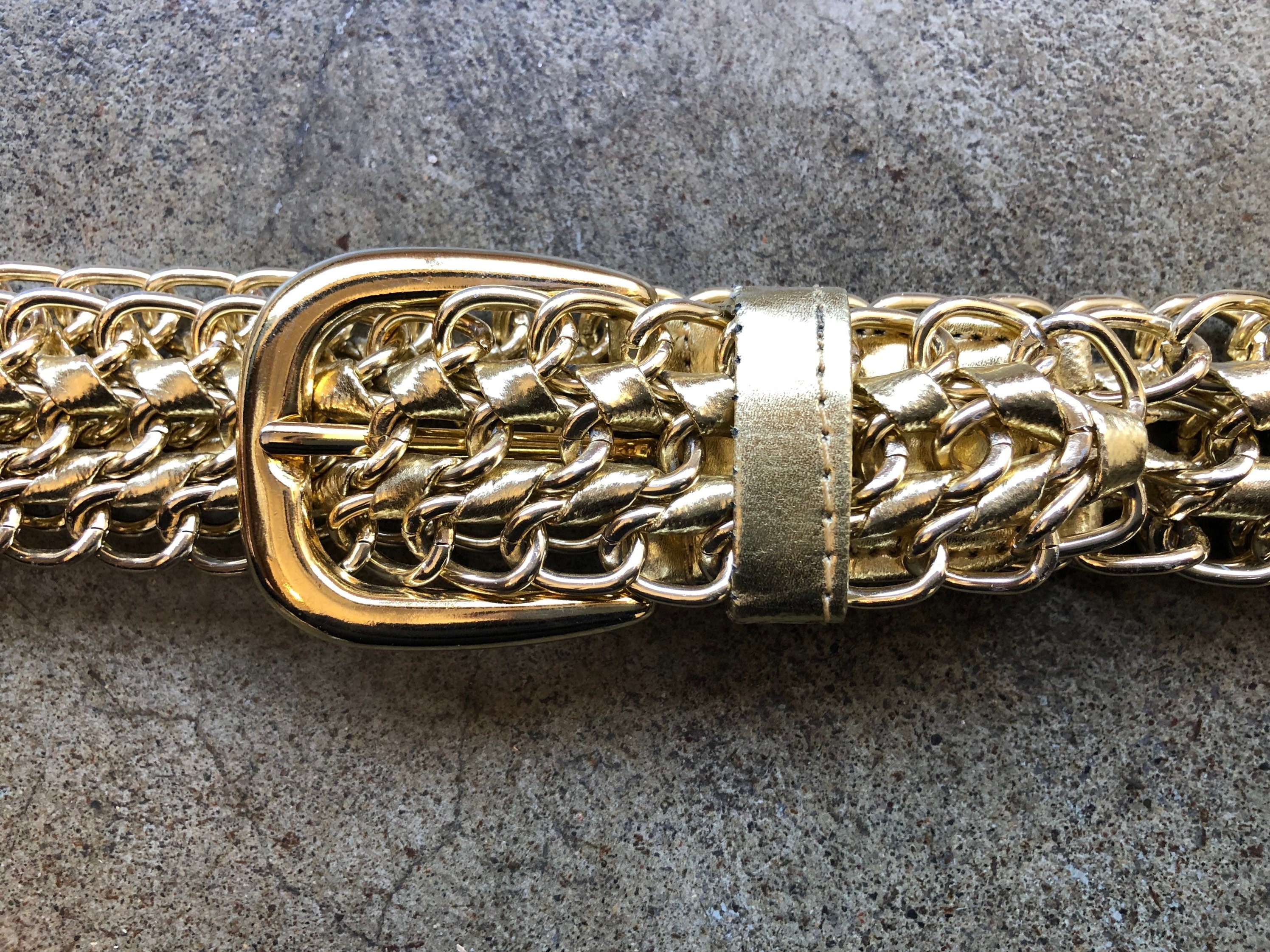 80s Gold Tone Metal Sheer Mesh Chain Woven Ribbon Metallic
