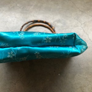 Distressed 90s Teal Turquoise Blue Faded Silk Satin Chinese Floral Print Bamboo O Ring Handle Boho Purse Bag Handbag Vintage Retro 1990s image 9