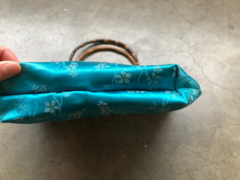 Distressed 90s Teal Turquoise Blue Faded Silk Satin Chinese Floral Print Bamboo O Ring Handle Boho Purse Bag Handbag Vintage Retro 1990s image 9