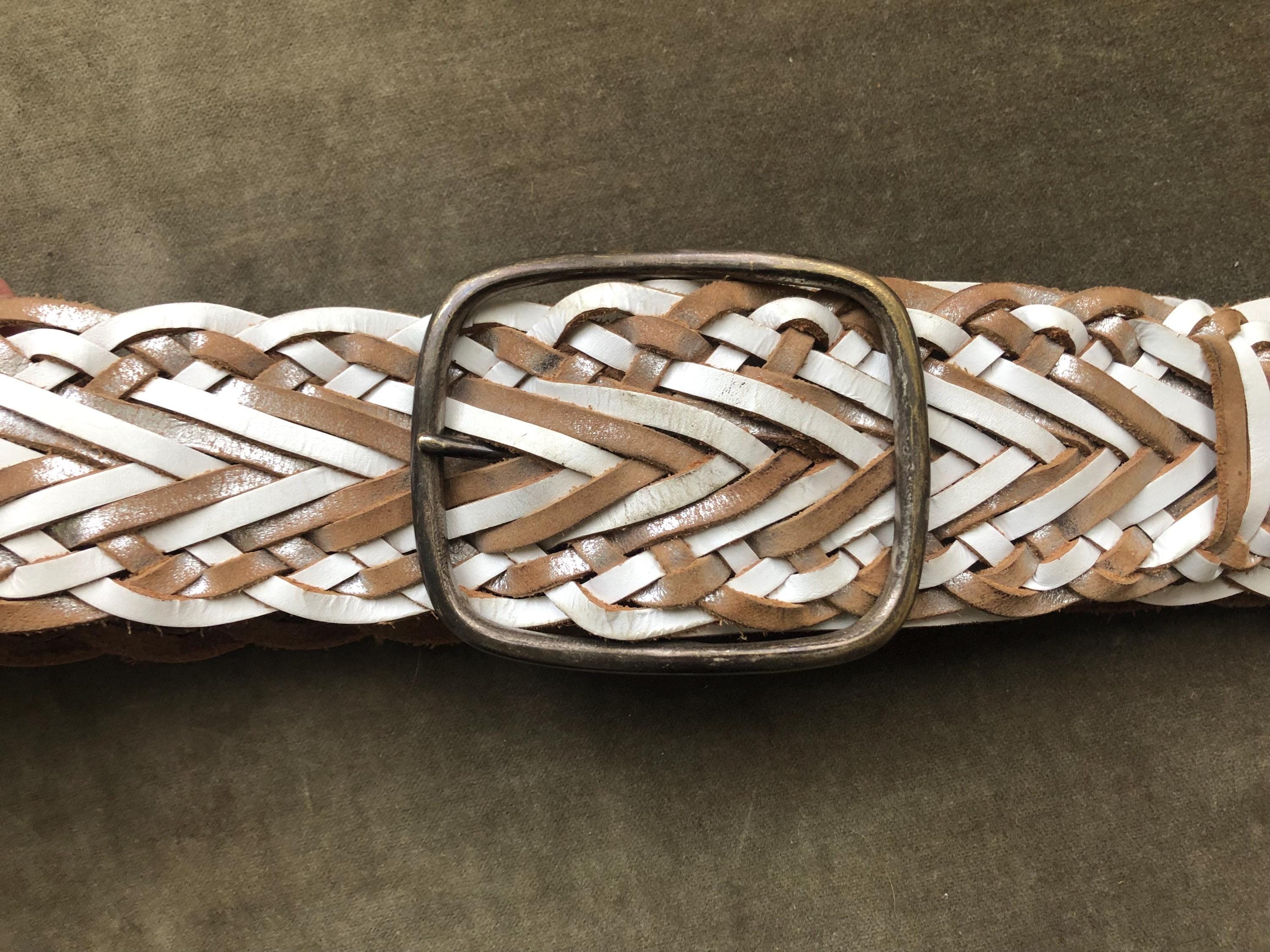 Vintage Y2K Woven Leather Belt Coastal Boho Festival Chic Statement Belt-OS Chic Y2k 90s Wide Woven Leather Belt Boho 1970s White Tan Silver  main image 4