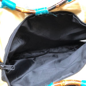 Distressed 90s Teal Turquoise Blue Faded Silk Satin Chinese Floral Print Bamboo O Ring Handle Boho Purse Bag Handbag Vintage Retro 1990s image 8