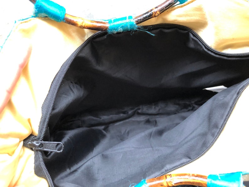 Distressed 90s Teal Turquoise Blue Faded Silk Satin Chinese Floral Print Bamboo O Ring Handle Boho Purse Bag Handbag Vintage Retro 1990s image 8