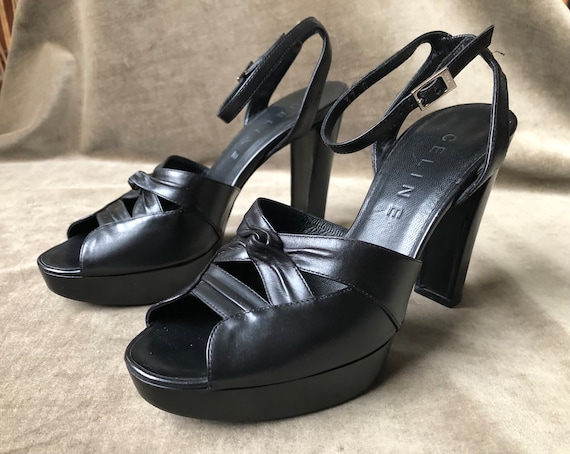 CELINE Paris Black Leather Peeptoe Platform Sandals Pumps Vintage