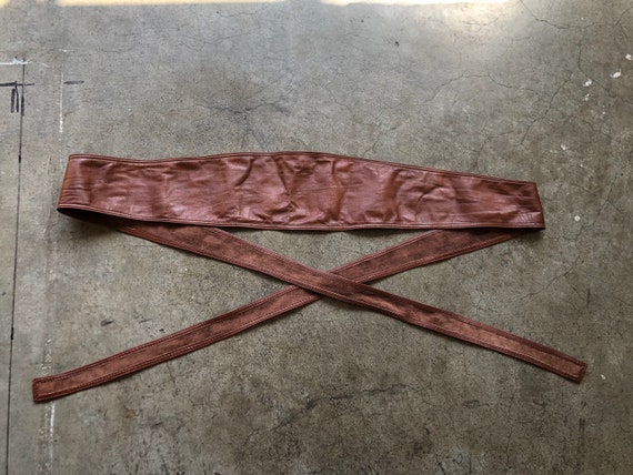 70s Brown Wide Thin Leather Sash Tie Fashion Belt… - image 4
