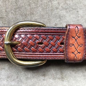 Thick Tan Brown Leather Belt Embossed Woven Heavy Duty Western Vintage Mens 38 40 42 Waist size L XL  Retro Buckle Tooled Distressed Rustic