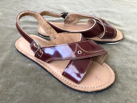 MEXICAN HANDCRAFTED Maroon Patent Leather Cruzado Huaraches Sandals-7 Men main image 4