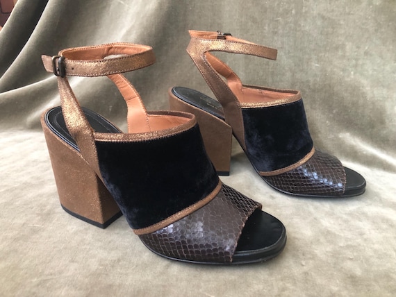 Dries Van Noten Burgundy Snake Leather Black Velvet Metallic