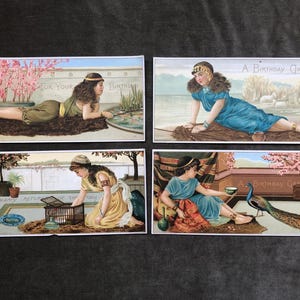 RARE lot de 4 cartes d'anniversaire anciennes de l'époque victorienne des années 1870 des années 1880, longues impressions originales beauté exotique femme Lady Marcus Ward & Co.