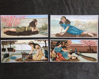 RARE Antique Victorian Era 1870s 1880s Lot Set of 4 Assorted Birthday Cards Long Original Prints Exotic Beauty Woman Lady Marcus Ward & Co.
