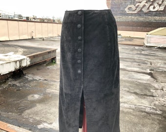 Vintage black Suede Leather long straight pencil skirt snap button front long center slit Mid Length Skirt S M 80s 90s womens 1980s 1990s