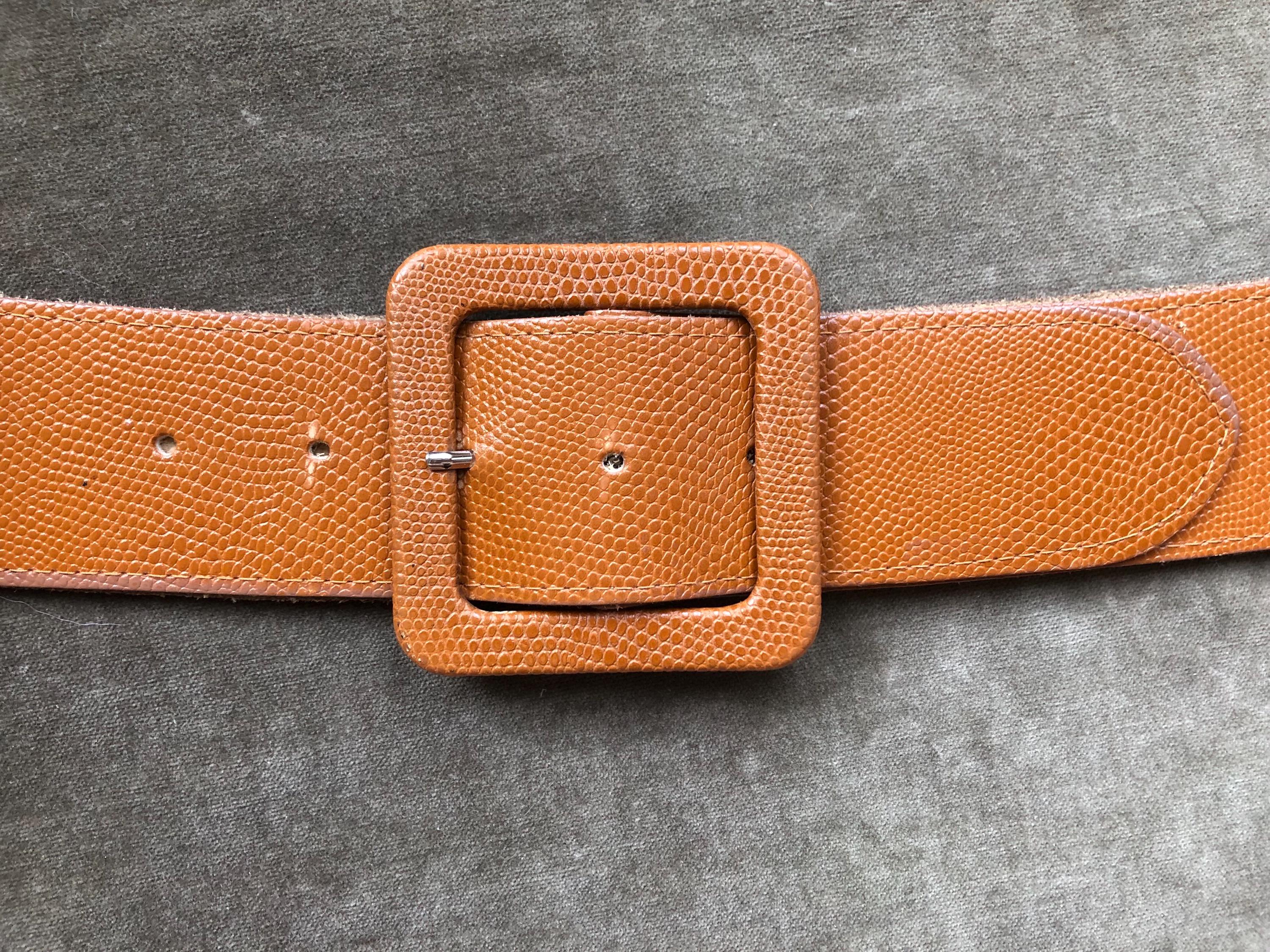 ⁠Vintage Lizard Embossed Leather Covered Buckle Belt Quiet Luxury Cognac Brown⁠ 1970s 80s Cognac Caramel Lizard Embossed Tan Brown Wide  main image 3
