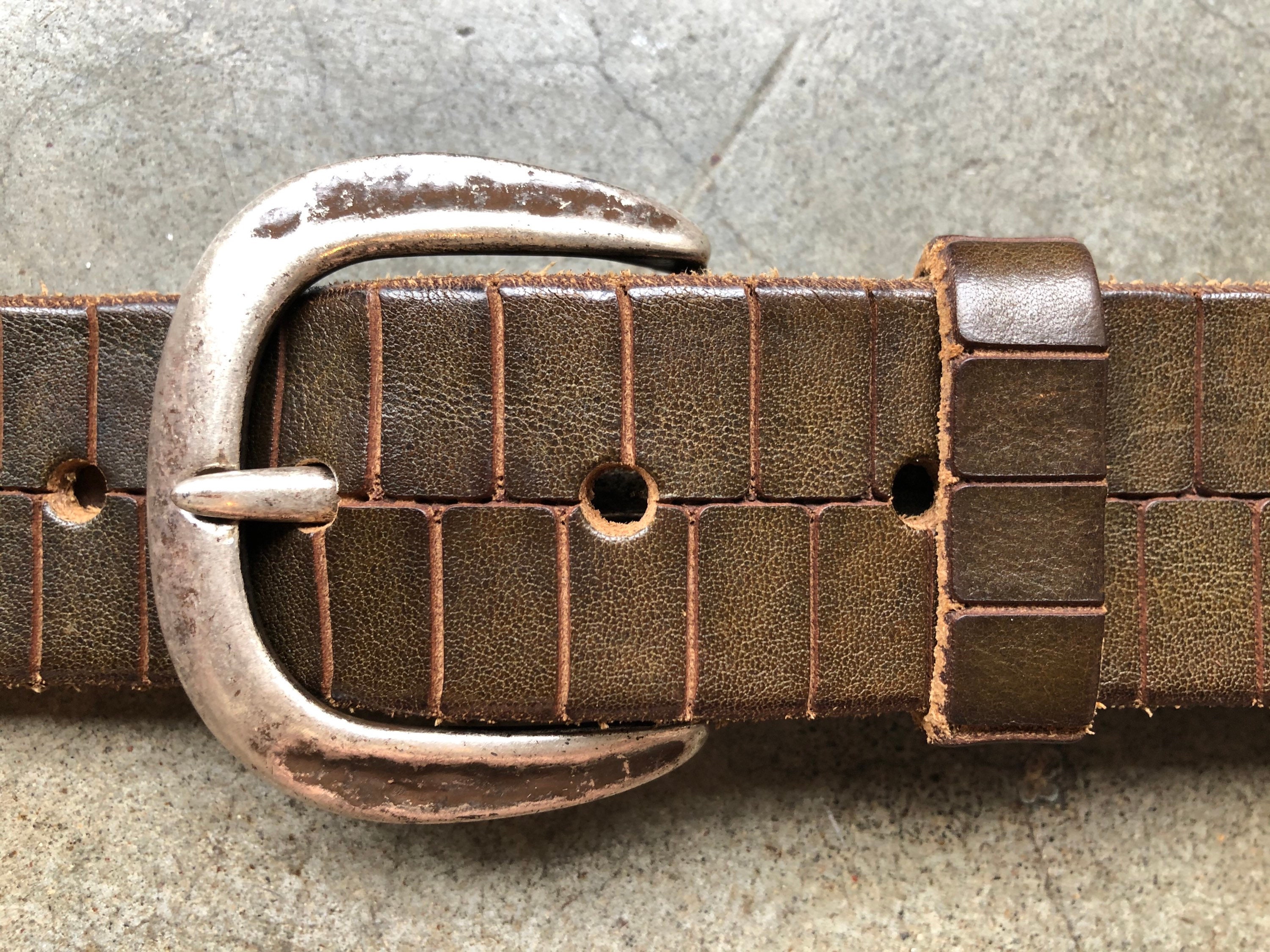 Vintage 70s Brown Geometric Tooled Leather Belt - Size 34/35